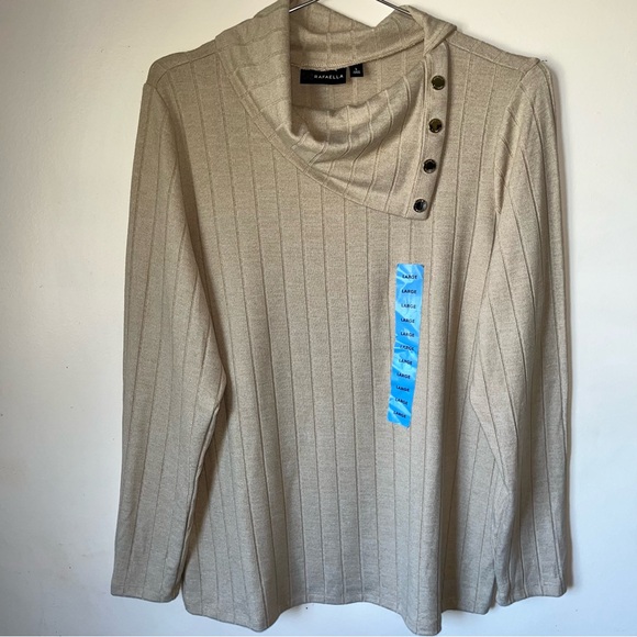 Rafaella Light Tan Cowl Neck Top with Button Accents - Picture 1 of 7